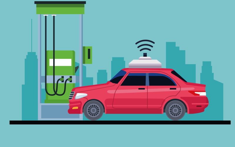 car in a gas station cityscape silhouette icon cartoon vector illustration graphic design