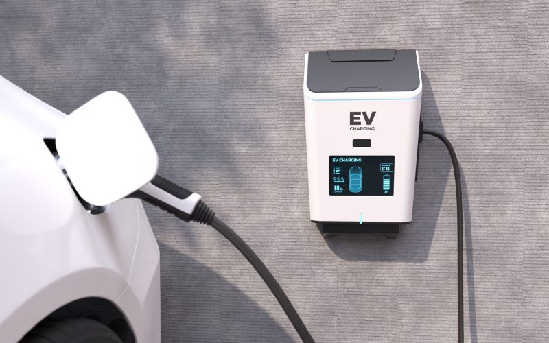EV Charging Station, Clean energy filling technology, Electric car charging. 3D illustration