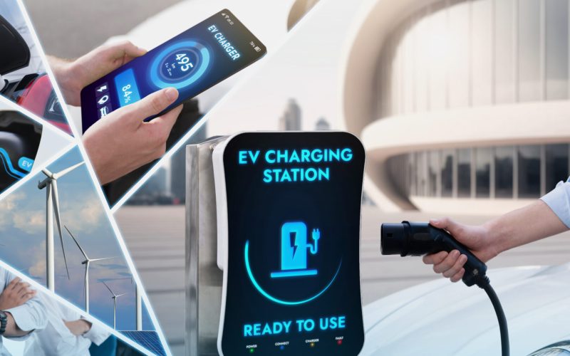 EV electric car vehicle charging and sustainable LCA green energy technology presented in panoramic banner photo collage showing eco friendly view of electric vehicle and hybrid car for future ESG